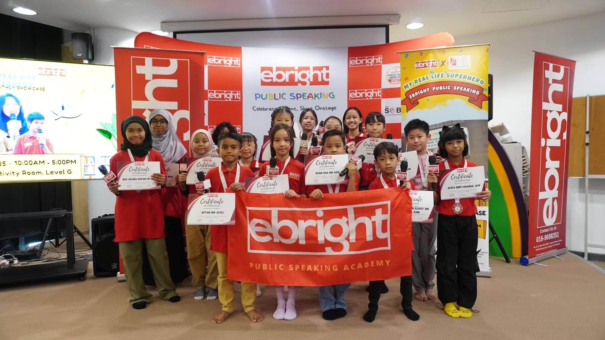 Students posing with Ebright branding