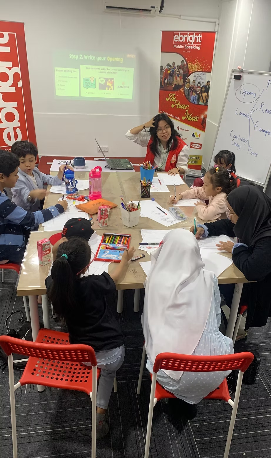 Students participating in a public speaking school holiday workshop