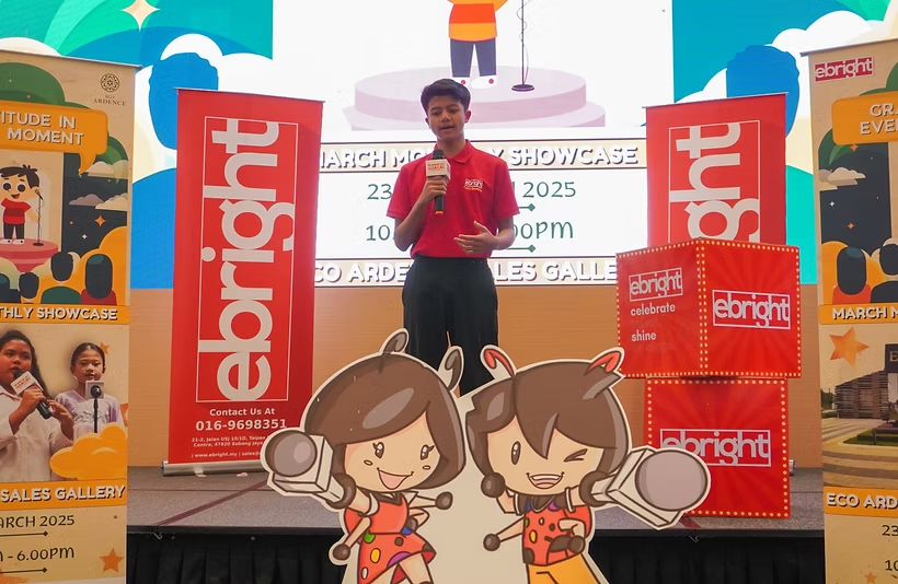 Young presenter delivering a speech during the event
